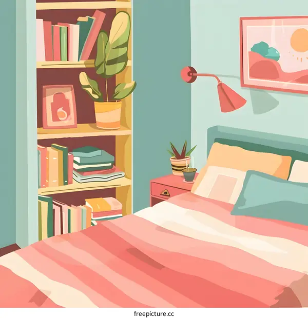 Cozy Bedroom Interior Design with Bookshelf and Plants