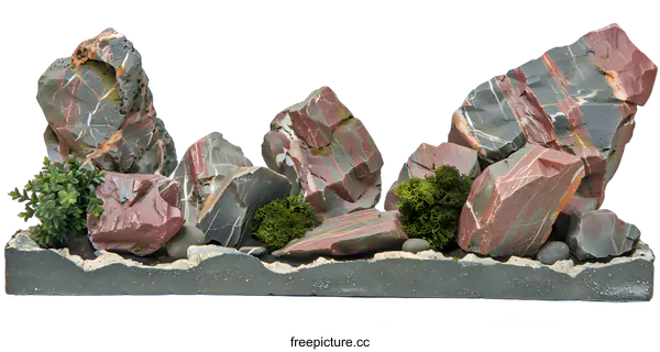 [Transparent Background PNG]Striped Red and Gray Stones and Moss Landscape Decoration