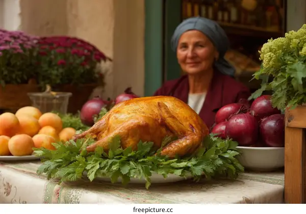 Roasted Turkey Displayed at Outdoor Market with Woman Vendor