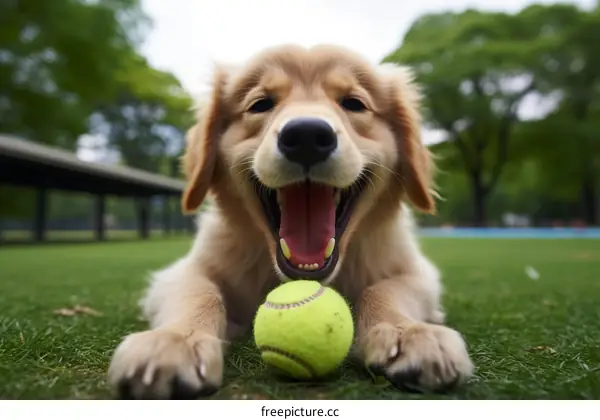 A cute golden retriever puppy playing with a tennis ball in the park