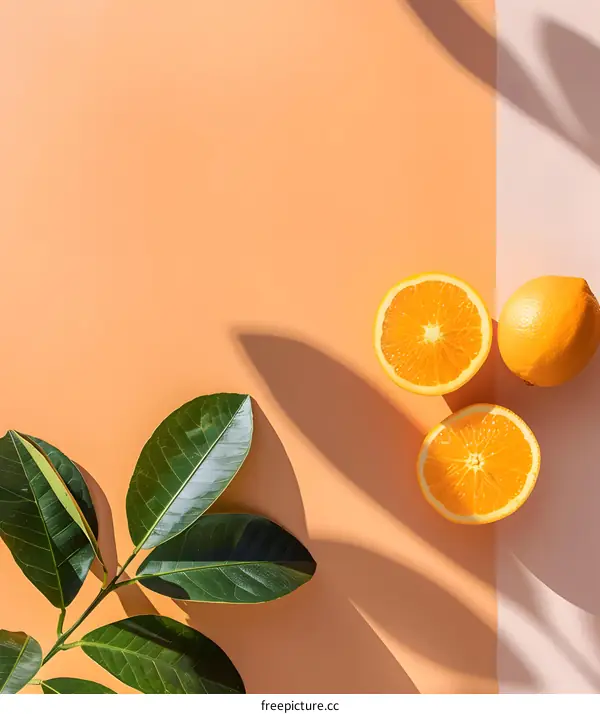 Orange Fruit with Leaves on Peach Background