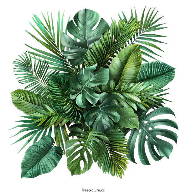 [Transparent Background PNG]Vibrant composition of various tropical leaves