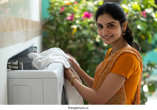 Woman Loading Laundry into Washing Machine