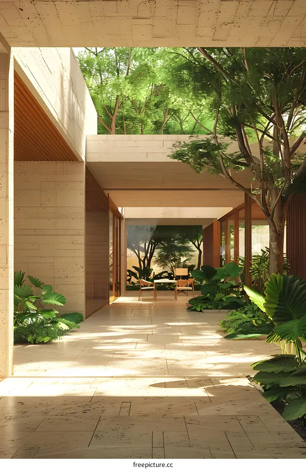 Courtyard with green plants and sunlight