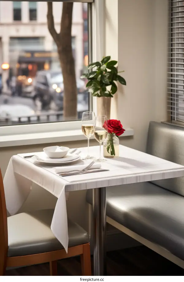 A table set for two with a rose and two glasses of wine