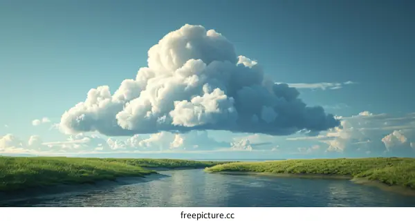 River and Clouds in Vast Meadow