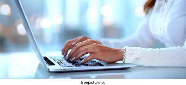 Woman Typing on a Laptop in a Modern Office