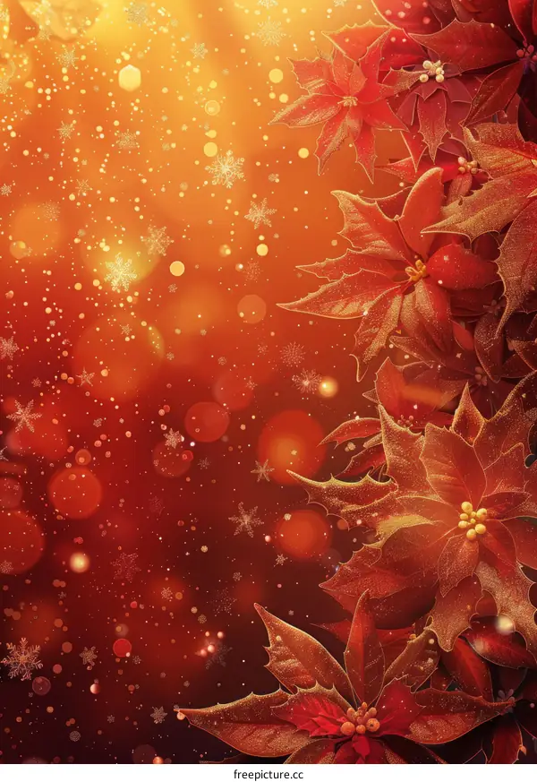 Christmas Poinsettia Flower with Golden Leaves and Red Bokeh Background