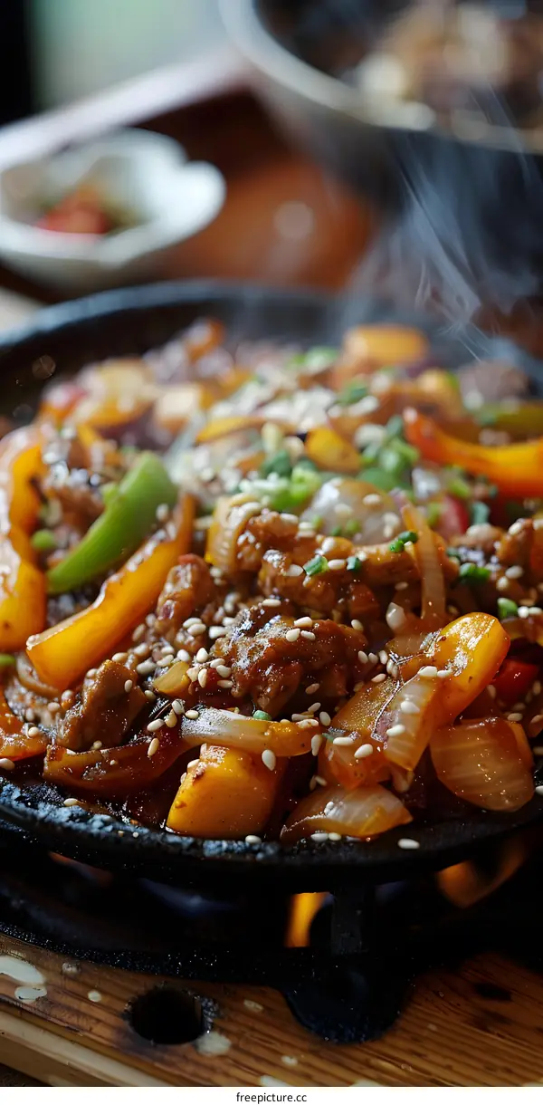A sizzling plate of bulgogi, a popular Korean dish made with beef, vegetables, and spices.
