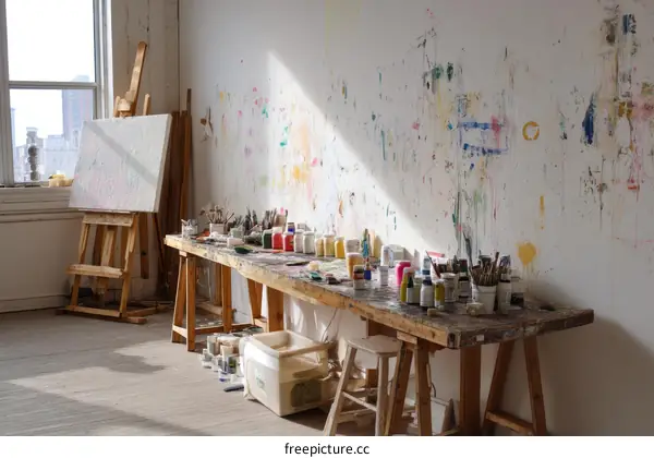 Artistic Studio Workspace with Colorful Paint Supplies