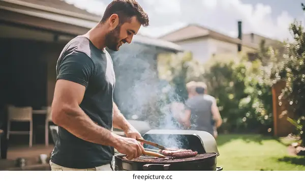 Man Grilling Food in Backyard