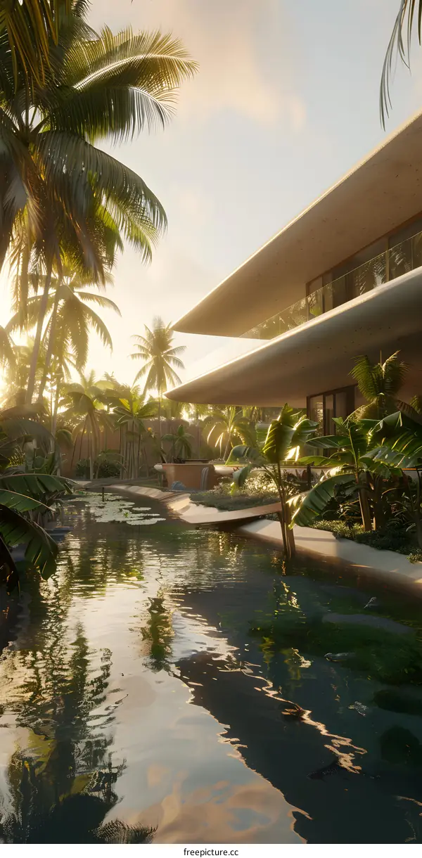 Modern Tropical Villa with Swimming Pool and Palm Trees