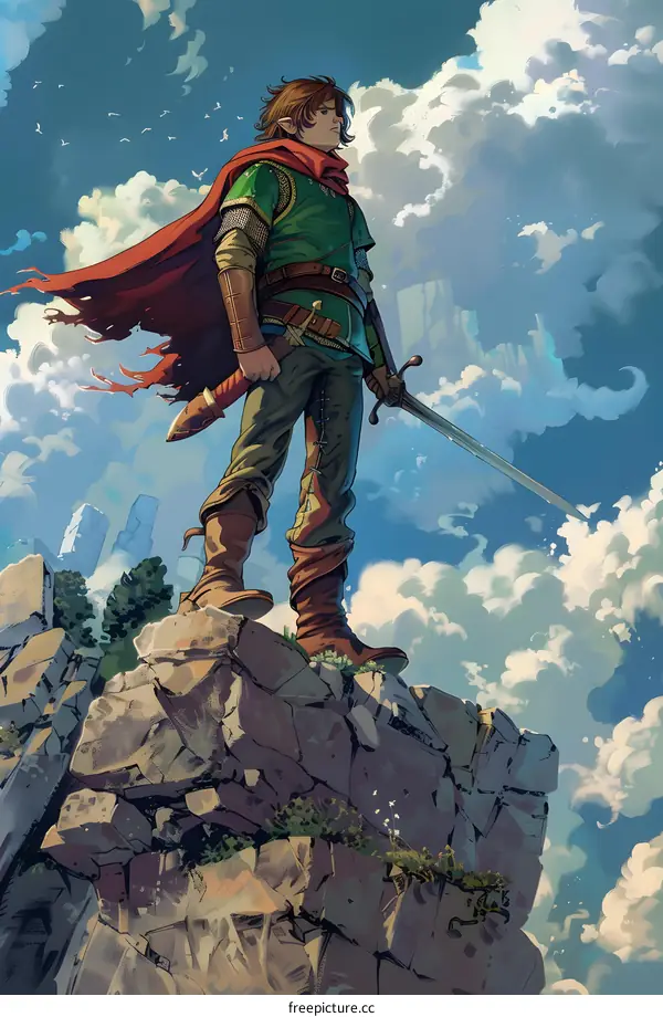 Fantasy Illustration of a Man with a Sword Standing on a Cliff