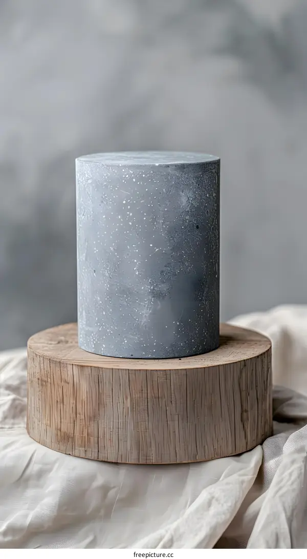 Gray Concrete Cylinder On Wooden Platform With Fabric Background