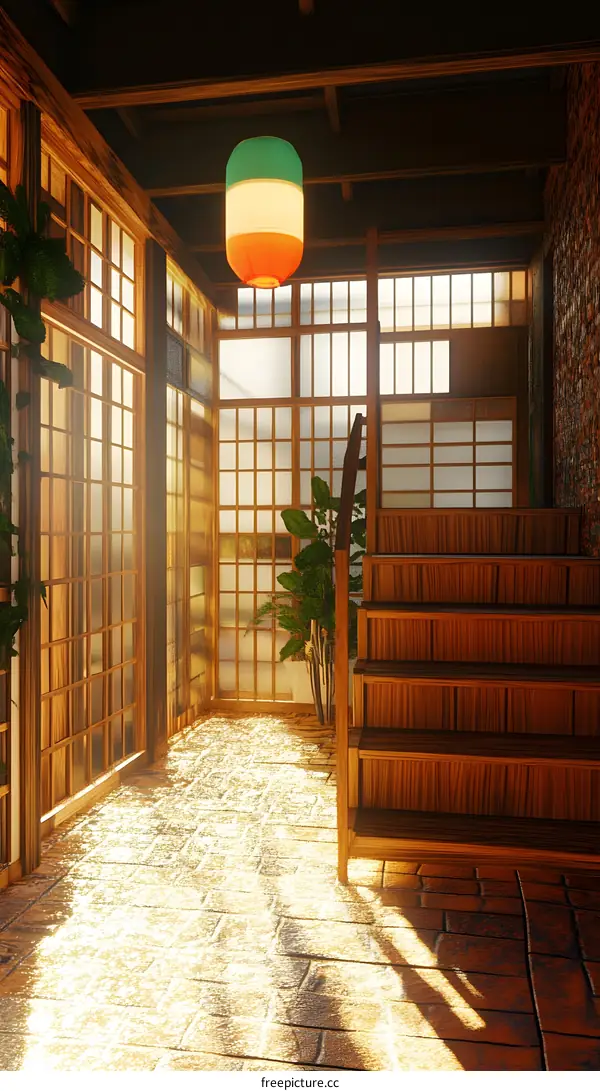 Japanese Style Interior Design With Wooden Stairs And Lantern