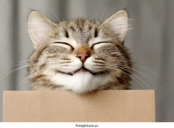 Happy Cat with Closed Eyes Leaning on Cardboard