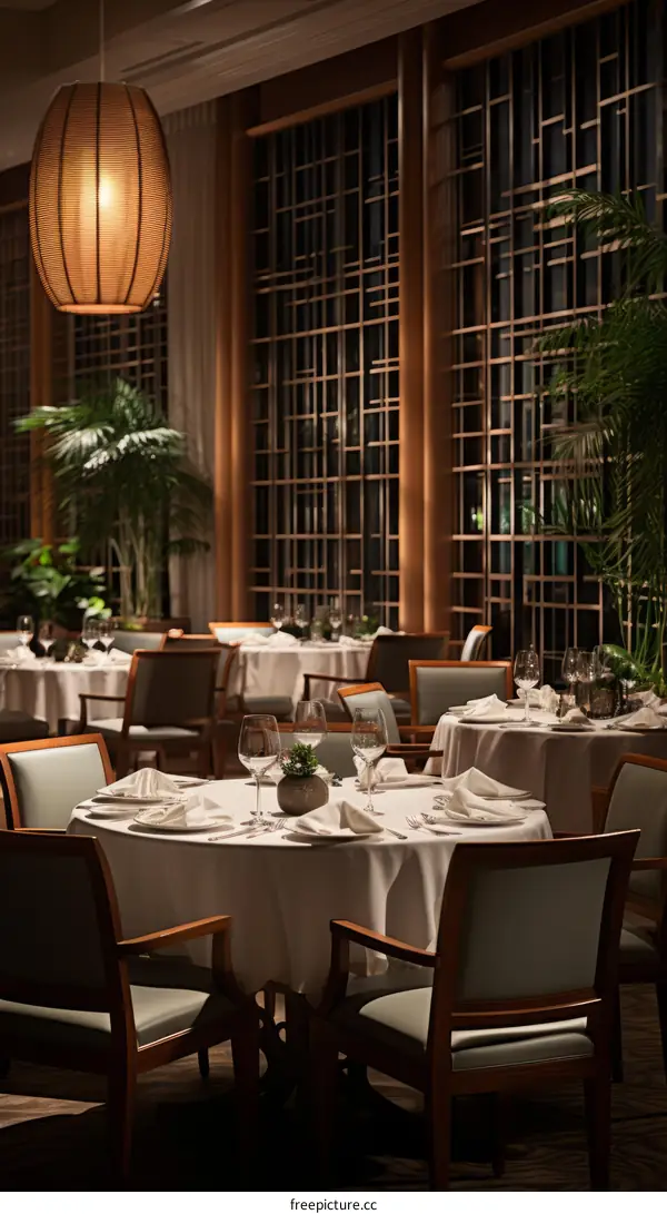 Elegant restaurant interior with white tablecloths and green chairs