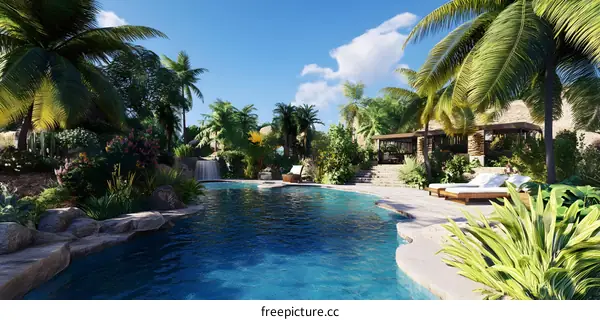 Tropical Pool Paradise Landscape Illustration