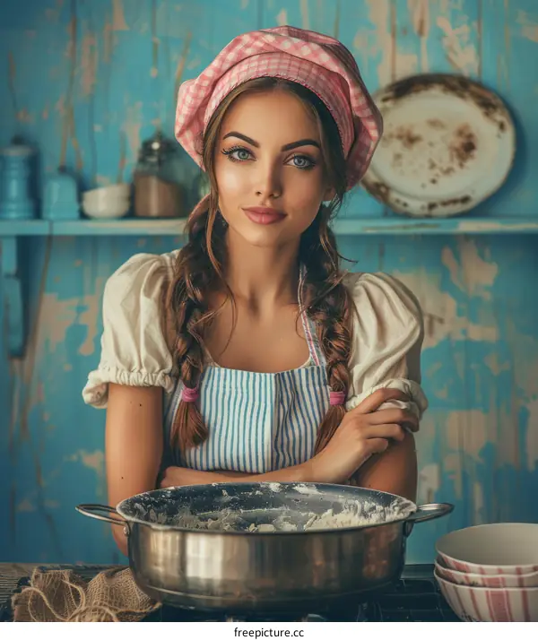 Portrait of a Young Woman in a Rustic Kitchen