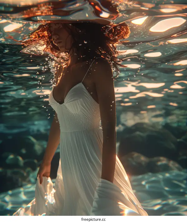 Woman in White Dress Floating Underwater