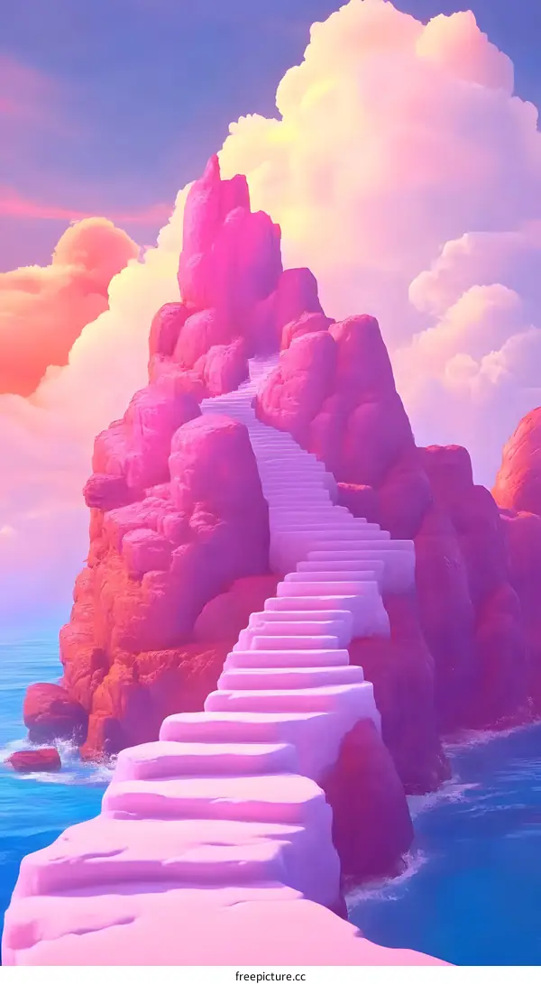 Pink Steps Leading Up to a Cliff in the Clouds