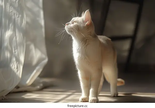 A ginger cat is standing on the wooden floor in the sunlight