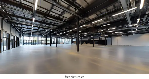 Empty Large Industrial Warehouse Space With Steel Beams And Concrete Floor