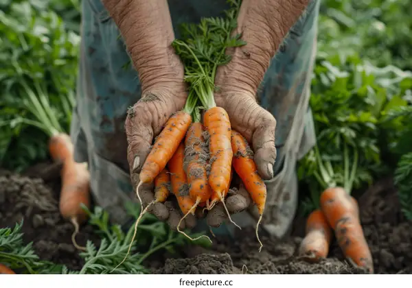 A farmer holding a handful of freshly harvested carrots