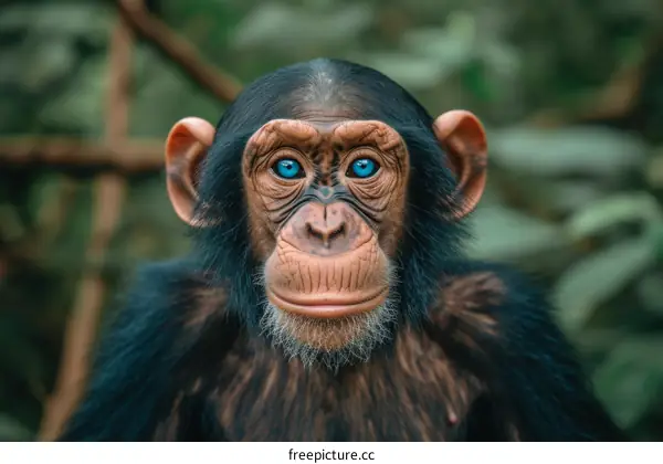 A chimpanzee with blue eyes stares into the camera