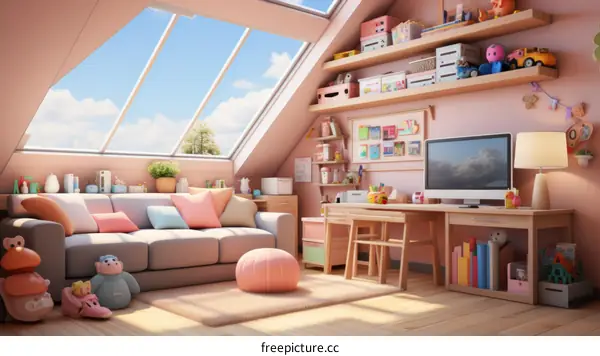 Cozy pink attic bedroom and home office