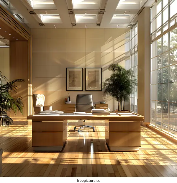 Office interior with large windows and wooden furniture