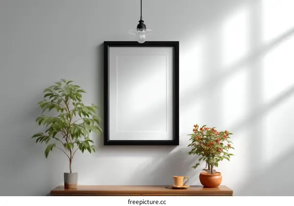 Empty Picture Frame Mockup with Plants and a Coffee Cup