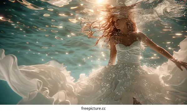An underwater photo of a woman in a white dress