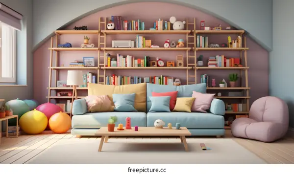 A cozy living room with a large bookshelf and a sofa