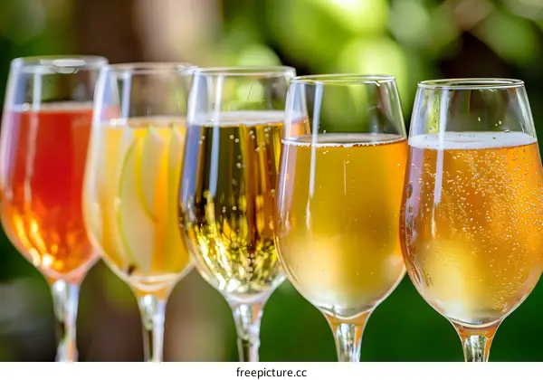 Five Glasses Of Sparkling Apple Cider