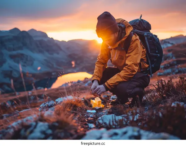 Man in yellow jacket lights a fire in the mountains at sunset