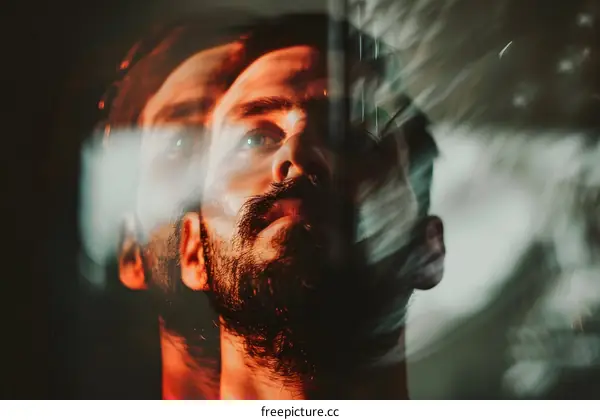 Man Looking Up Through Glass with Abstract Light