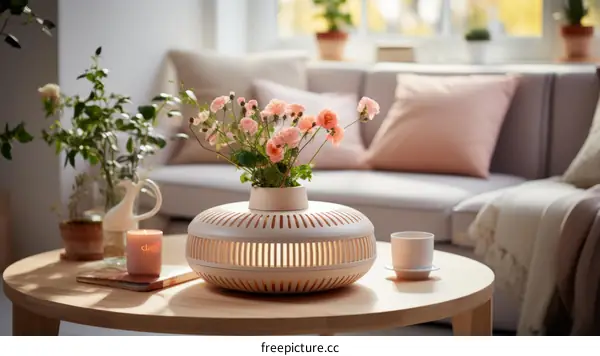 A beautiful living room with a vase of flowers on the table