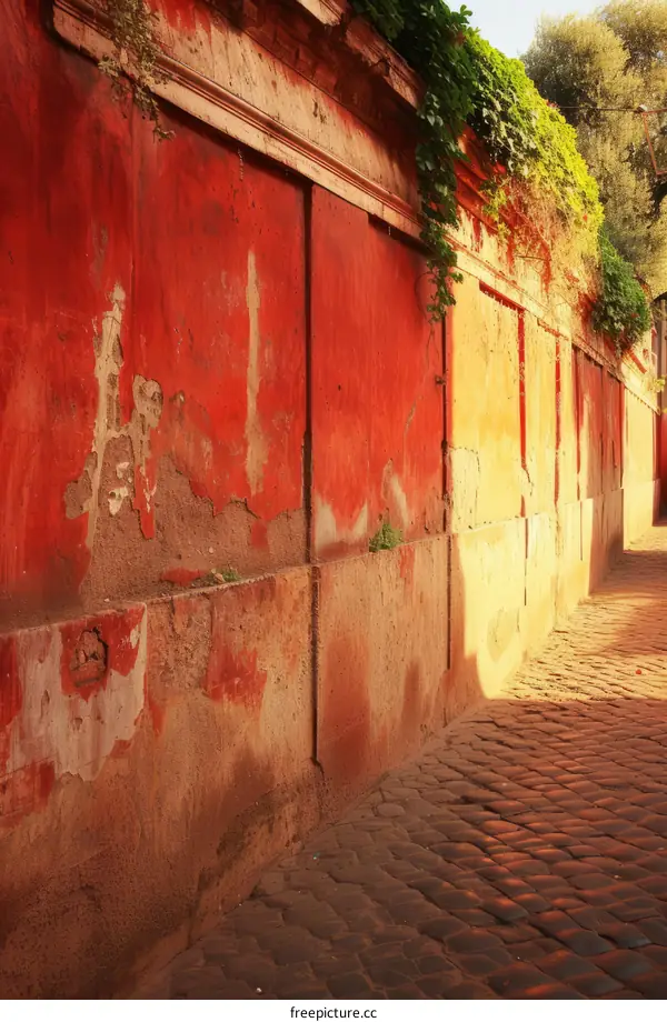 An alley with red walls and a cobblestone street