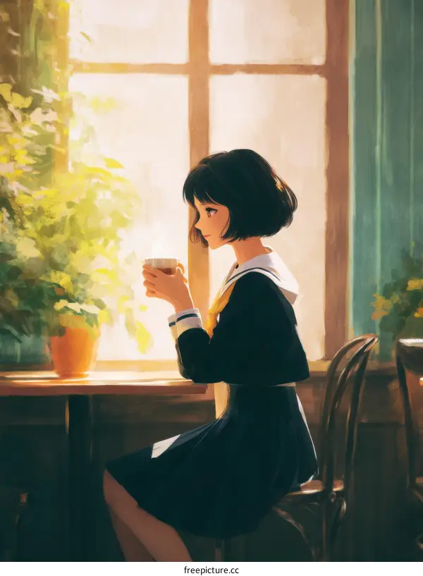 A Girl Enjoying a Coffee by the Window Illustration