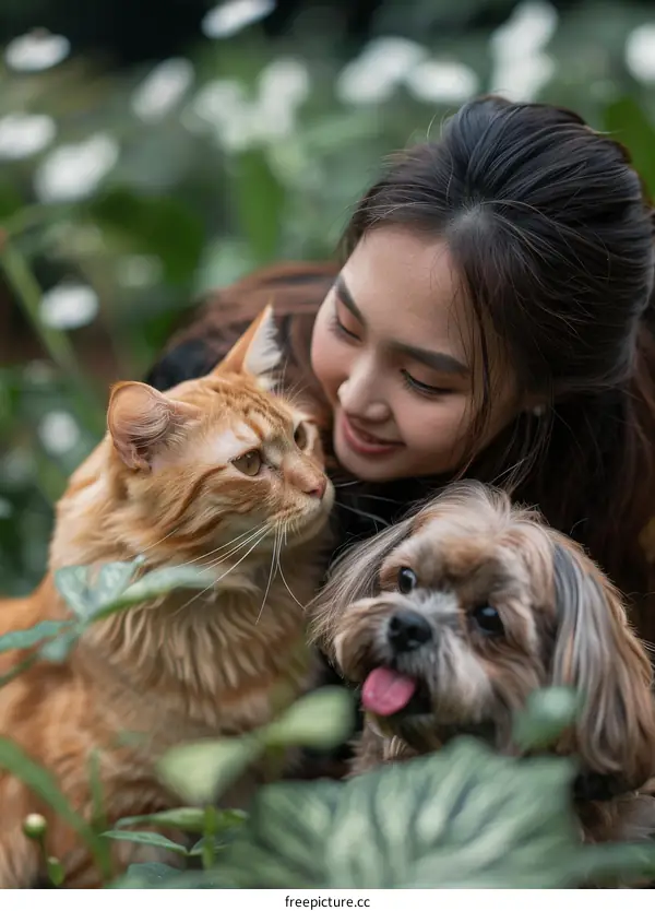A young woman is sitting on the ground with a cat and a dog