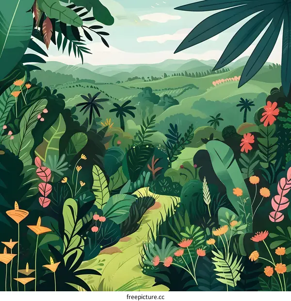 Tropical Rainforest Landscape with Lush Greenery and Flowers