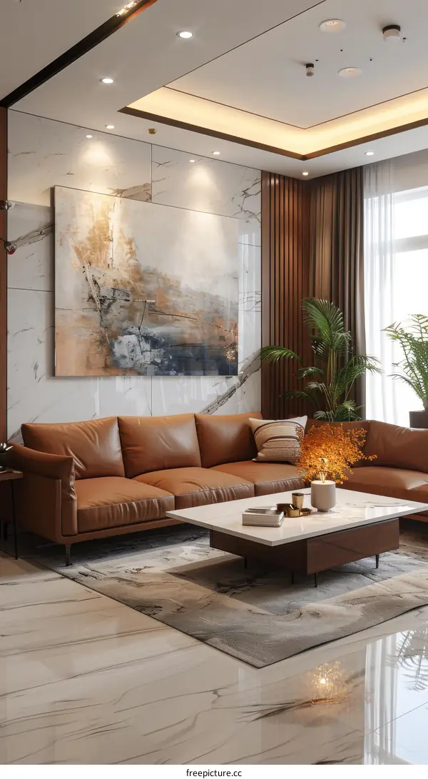 Modern Living Room Interior with Brown Leather Sofa and Abstract Painting