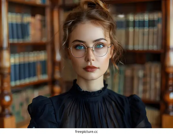 portrait of a beautiful young woman in glasses in the library