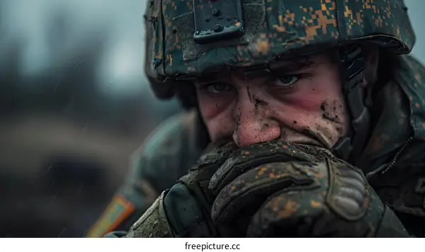 Close Up Portrait of a Soldier Wearing Camouflage Helmet and Gloves