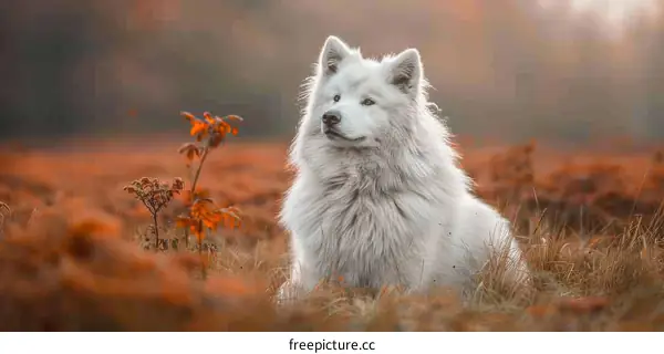 Fluffy Samoyed Dog Standing in a Wheat Field