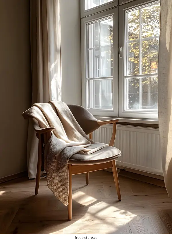 Cozy Chair by Window with Blanket and Natural Light