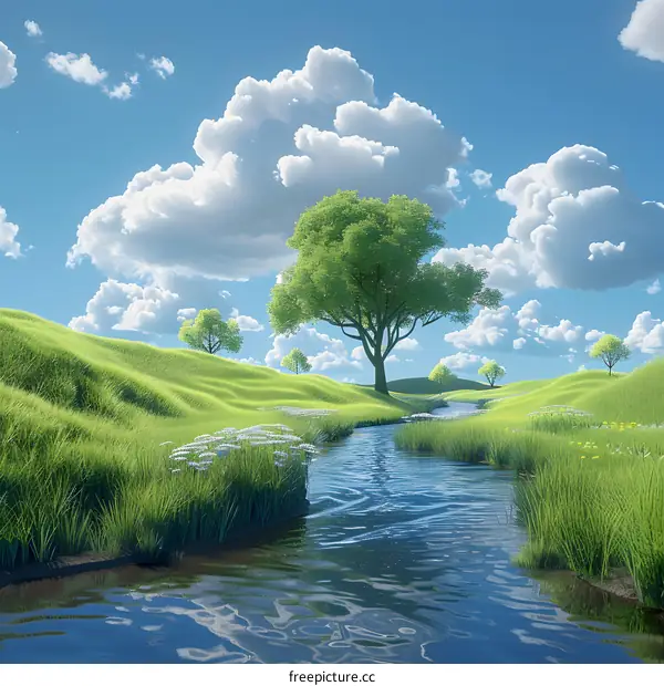 Small river flowing through a green grassy field on a sunny day