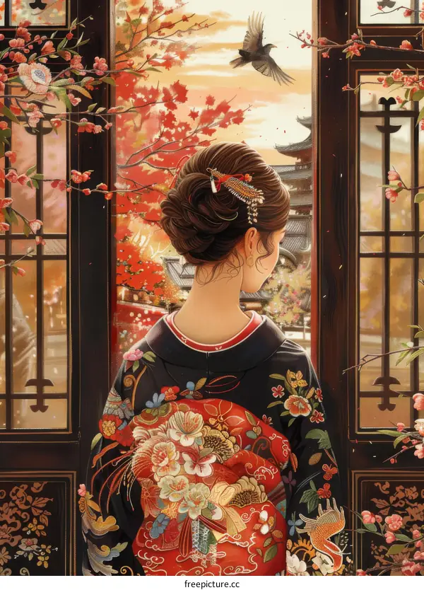 A woman in a kimono is standing in a doorway looking at a bird