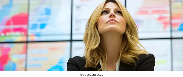 Caucasian Woman Looking Up with Abstract Background